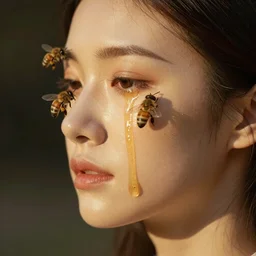 The face of a beautiful girl with honey dripping down her face with bees clinging to it. yellow and dark shades. Close-up portrait in profile