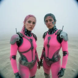 cinestill hasselblad 8 mm, f 1. 2, extreme narrow, extreme fisheye, extreme motion blur, candid photographic portrait by robert capas of 2 cyborgs wearing rugged neon pink mesh techwear in treacherous fog, burning man nevada, modern cyberpunk moody depressing cinematic, pouring rain, ultra realistic faces, ex machina