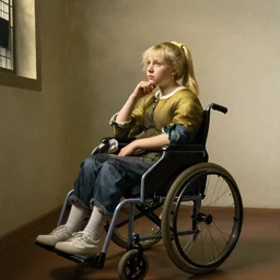 a blonde teenager sitting in a wheelchair pondering about life, portrait in the style of dutch renaissance, rembrandt exhibition, 4 k high definition, masterpiece