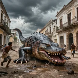 on the street of Jamestown in Santa Elena in 1815  a gigantic monster on the floor that looks like a mixture of monk-fish with crocodile limbs, wet and slimy, with a very large mouth, dragging its enormous weight with effort on the street, there are some people fleeing in terror, photo-realistic, stormy sky, photo by national geographical