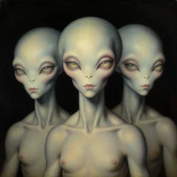portrait painting of elegantly beautiful aliens with glowing eyes, by norman rockwell. muted colors, soft gradients. baroque period, renaissance masterpiece. black background. trending on artstation. retrofuturism.