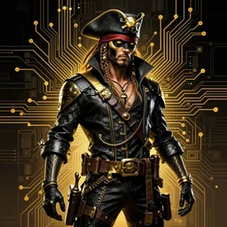 a black and gold image of a cyberpunk pirate. neonounk. intricate masterpiece. circuitboard. rich deep colours. guy denning and mark brooks