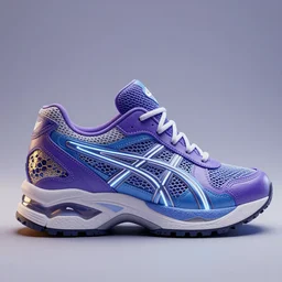 realistic 3 d render of a futuristic sneaker, beautiful studio lighting, soft, sharp focus, neon glowing lines, intricate detail, purple and blue leather, soft white rubber, shiny plastic, hexagon mesh, gold filigree, octane render, side view, close up, trending on artstation, deviantart, nike, asics, adidas