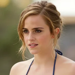 color still shot of emma watson on bikini destinations tv show, face closeup,