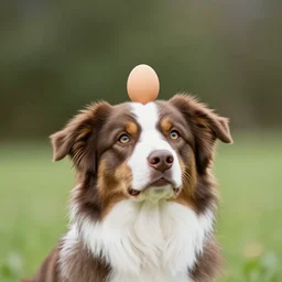 photo of an Australian Shepherd balancing an egg on their head, award winning photography
