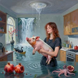 tall emo female artist holding a pig's trotter in her flooded kitchen, pomegranates, octopus, water gushing from ceiling, painting of flood waters inside an artist's apartment, a river flooding indoors, ikebana, zen, rapids, waterfall, black swans, canoe, berries, acrylic on canvas, surrealist, by magritte and monet