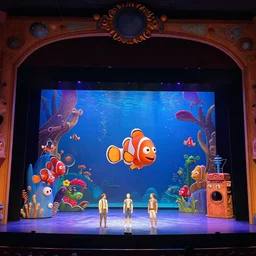 photo of a huge theaterstage, theaterplay is finding nemo, 3 actors on stage, 8 k, multicolored, exaggerated detailed, long shot