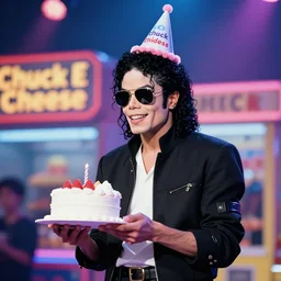 portrait photo still of michael jackson in sunglasses holding a small cake, wearing a birthday hat, om stage at chuck e cheese, 8 k, 8 5 mm f 1. 8