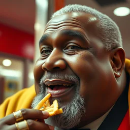 colour photo of the face of old and very obese kanye west at 9 0 years old, smiling. eating in kfc. cinematic lighting, ray tracing, octane render, long lens, shallow depth of field, bokeh, anamorphic lens flare, 8 k, hyper detailed, 3 5 mm film grain