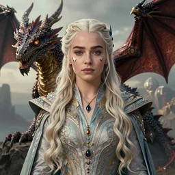 a portrait of daenerys targaryen in fantastic dress next to a dragon, medium shot, clear face, detailed face, symmetrical face, face enhancement, butterfly lighting, by jaime jones, tom bagshaw, lawrence alma - tadema, greg rutkowski, deviantart contest winner, fantasy art, intricate, elegant, highly detailed, 8 k, digital painting, concept art, sharp focus, illustration, golden ratio, mythological, ultra realistic, maximalist