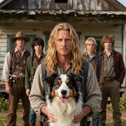 highly detailed portrait of long - haired hillbilly in front of old style house, with his fluffy australian shepherd, blonde hair, stephen bliss, art by greg rutkowski, loish, rhads, ferdinand knab, makoto shinkai and lois van baarle, artgerm, pixar, ilya kuvshinov, rossdraws, tom bagshaw, global illumination
