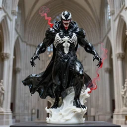 venom lord sculptor, black paint on white porcelain, leather cloak, red smoke, intricate, wet plastic, levitating, cathedral, style of alex stoddard, 8 k