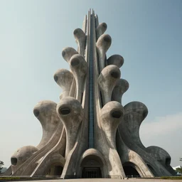 a wide shot of a sci - fi beautiful brutalist monument, with many rounded elements sprouting from the base tower creating a feel of an organic structure, photography