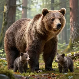 wild bear with cubs the forest, tone mapping, akihiko yoshida, james jean, andrei riabovitchev, marc simonetti, digital illustration, greg rutowski, high key lighting, volumetric lighting, digital art, highly detailed, intricate, ornate, complex, octane render, photorealistic