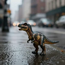 a photo by saul leiter of a tiny dinosaur alone in a street of new york, dark and rainy, highly detailed, beautiful