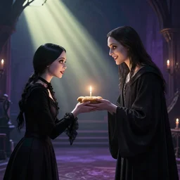 wednesday addams from the addams family as jesus sharing bread and wine with the local community, joyful, holy rays of spiritual light, goth, satanic ritual, worship, pixar style, shaded lighting poster by magali villeneuve, artgerm, jeremy lipkin and michael garmash, rob rey and kentaro miura style, trending on art station