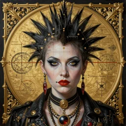 hyper realistic painting portrait of the queen of punk, occult diagram, elaborate details, detailed face, golden ratio, rococo, classical, gothic, intrincate ornaments, gold decoration, caligraphy, occult art, illuminated manuscript, oil painting, art noveau, in the style of roberto ferri, gustav moreau, jean delville, bussiere, andrew gonzalez