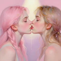 portrait of two beautiful girls kissing, intimate, pastel shades of pink, beautiful face, rule of thirds, spotlight, drips of paint, by francoise nielly, by van gogh, digital painting