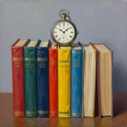 surreal artwork of a row of books with an old vitange watch on top of them, oil painting, conceptual art, vivid colours by kevin sloan