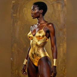 sc - fi movie poster from 6 0's, black dejah thoris seen from the side, gold bikini armor, acrylic painting, by leyendecker and adam hughes