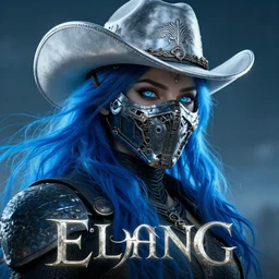 beautiful cinematic fantasy poster, a cyberpunk female wearing an armored mask with brilliant blue flowing hair, wearing an ornate silver cowboy hat, beautiful glowing eyes, wideshot ultrawide angle epic scale, hybrid from the elden ring and art direction by darius zawadzki ; by artgerm ; wayne reynolds art station ; cinematic quality character render ; low angle ; ultra high quality model ; production quality cinema model ;