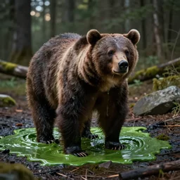 a realistic depiction of a zombie bear standing in a green fluid pit, photo pic taken by todd mcfarlane and national geographic