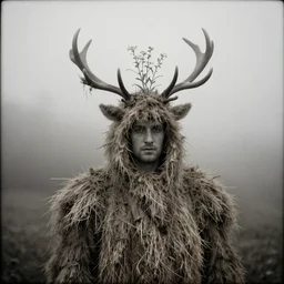 portrait photography of tyrolean farmer wearing a worn hay dragon costume, antlers on head, roots and edelweiss growing from head, fog, clothes made from hay, desaturated, fog, dark, eerie, 1 9 2 0 s ghost photography