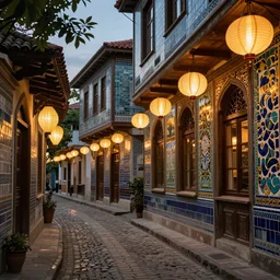 winding street in a very old city by Annie Swynnerton and Nicholas Roerich and jean delville, glowing paper lanterns, strong dramatic cinematic lighting , ornate tiled architecture, lost civilizations, smooth, sharp focus, extremely detailed