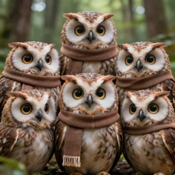 3 d octane render of a large family of anthropomorphic owlets. the owls have really detailed, fluffy feathers. the owls are wearing a scarf, funny facial expression, glowing eyes, in a forrest, sharp focus, depth of field, fine features, wes anderson colours
