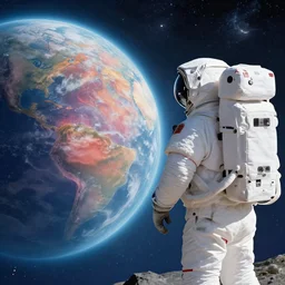 an astronaut abserving a beautiful vista on an strange colorful world