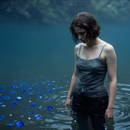 a vintage photo of one sad female standing in the river, gloomy, strong subsurface scattering, cobalt blue gemstones floating in the river, art by greg rutkowski