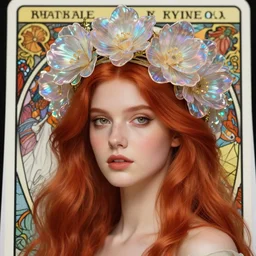 redhead woman, iridescent diaphanous refractive and reflective flower crown, tarot card, highly detailed, deep focus, elegant, smooth, sharp focus, illustration, ultra realistic, 8 k, art by artgerm and alphonse mucha, maxfield parrish, james jean, yoji shinkawa, odilon redon, gaston bussiere, eugene grasset, janis rozentals