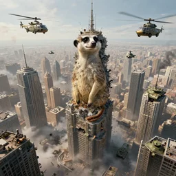 a meercat destroying skyscrapers in a large city with helicopters and tanks, smoke and destruction, conecpt art, cinematic, highly detailed, ornate, intricate detail, 4K, realistic, octane render, unreal engine
