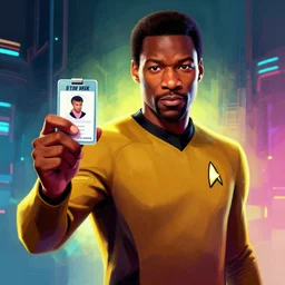 a star trek donald glover man holding a ID card in his hand, short hair, a character portrait, synthwave by art artgerm, cg society contest winner, shock art, sci-fi, artstation hq, speedpainting