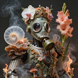 3 d close - up portrait of the retro futuristic robot in vintage gas mask in midsommar style clothes and crown overgrown with fungi and giant orchid flowers and giant gladiola flowers, intricate, elegant, surrounded by smoke and burning. translucent nautilus, highly detailed, by wlop, tooth wu, greg rutkowski, alena aenami