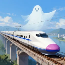 ghost bird on a shinkansen train on an arch bridge, high quality, digital painting, artstation