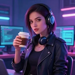 portrait of a good-looking female software developer having a cup of coffee. cyberpunk style, digital art artstation cgsociety