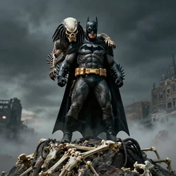 batman stands on a mountain of bones. dragging the predator in one hand. greg rutkowski, cinematic, atmospheric, trending on artstation, 8 k, hd, high contrast, majestic. anatomically correct.