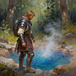an armored adventurer finding a colorful hotspring deep in the forest, oil painting, highly detailed, featured on artstation