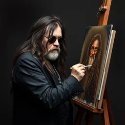 black sabbath's ozzy osborne, stands at his easel, painting a self portrait