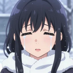 isekai hyper cute manga anime girl crying in snow den, tears, simplified smooth stylized and symmetrical face, detailed eyelashes, depth focus, chromatic aberration, noise, soft lighting, srgb, 4 k, cinematic rembrant kuvshinov ross tran craig mullins leyendecker wlop guweiz