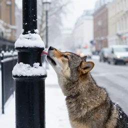 an animal with its tongue stuck to a lamp post, snowy london street scene