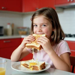 young girl eating a stringy grilled cheese sandwich in a red kitchen 1 9 8 3 candid kodachrome photo