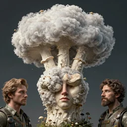 a mushroom cloud merging into the shape of a peace sign, art by artgerm and greg rutkowski and alphonse mucha highly detailed, dieselpunk, high quality, 8 k, soft lighting, realistic face, path traced