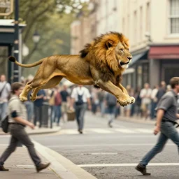 a lion jumping over a busy street by carel willink