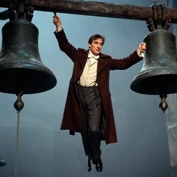 color Photograph of Charles Laughton dressed as Quasimodo swinging from a Bell Tower, atmospheric, cinematic
