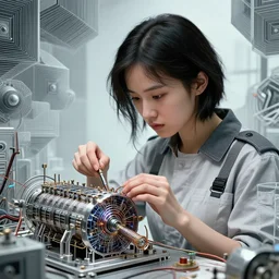 portrait of a void engineer girl focused on fixing samsara generator by mc escher and brecht evens, focused work, intricate, stunning