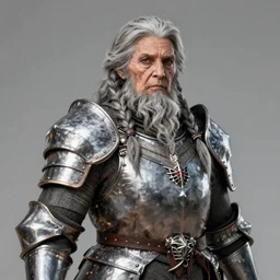 elderly female dwarven heavyset fighter with grey long hairstyle and beard in braids and wrinkled skin wearing platemail armor by rossdraws