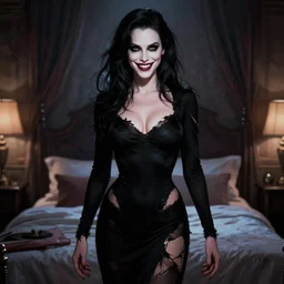 gorgeous sarah michelle gellar, evil dead movie, full body shot, torn black dress, evil smile, spooky, illustration, symmetrical face realistic symmetrical eyes, bedroom setting, cinematic lighting, artgerm, hyperdetailed, charlie bowater, beautiful, elegant, diego fazio
