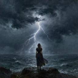 concept art, facing the back of a womand standing alone in the middle of a sea storm, thunderstom, rain, medieval, dark concept art, dark skies painting by wlop, nixeu and greg rutkowski, beautiful, semirealism, artstation, octane render, oil painting, sharpness, 8 k, golden ratio